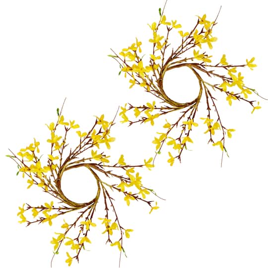 Michaels, 4.25" Artificial Spring Flower Forsythia Pillar Candle Rings, 2ct. – Category: Spring Floral Arrangements